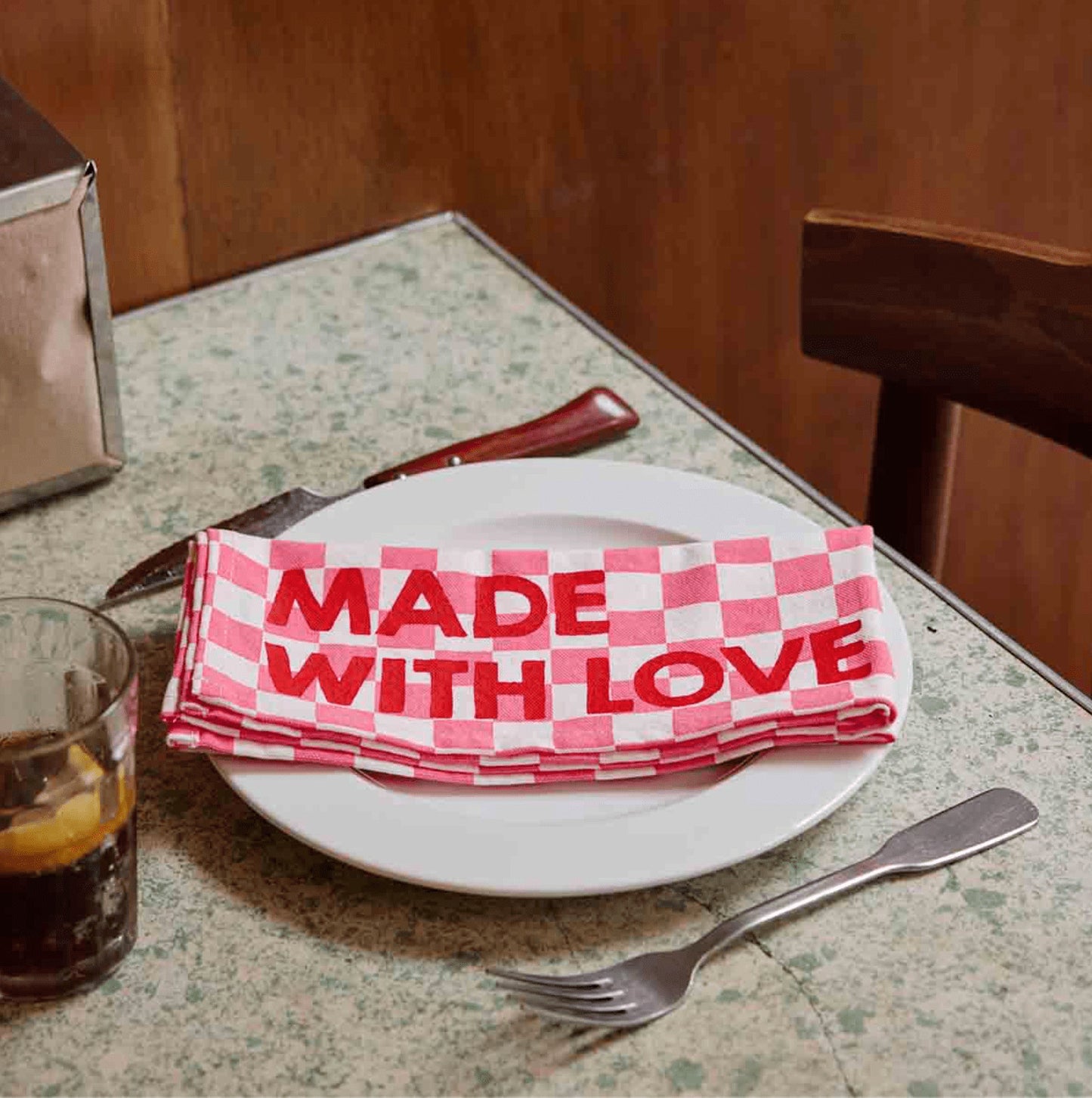 Serviette de table - Damier strawberry Made with love"" — Rose in April , Lyon
