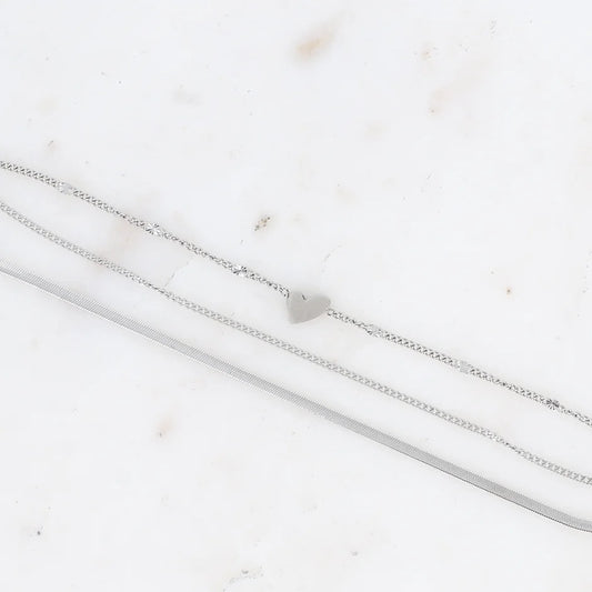 Bracelet multirangs - 3 rangs, mailles gourmette, miroir, forçat avec coeur - Argent