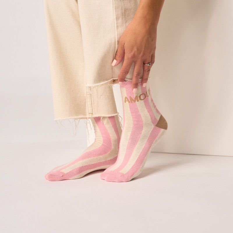 Chaussettes rayées - Amour - Rose et écru - Taille 37/40
