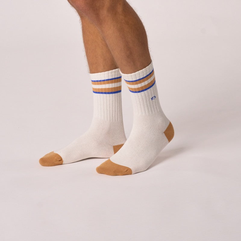 Chaussettes Retro - Blanc rayé bleu et camel - Taille 41/46 — Billybelt , Lyon