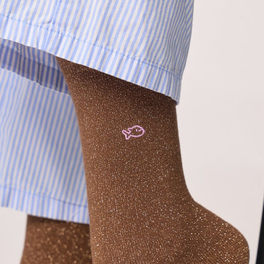 Chaussettes unies pailletées - Marron - Taille 37/40