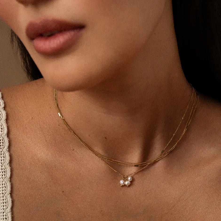 Collier Syria - 3 mailles forçat alternées, 3 perles d'eau douce