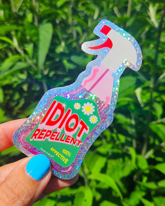 Sticker pailleté Idiot repellent spray