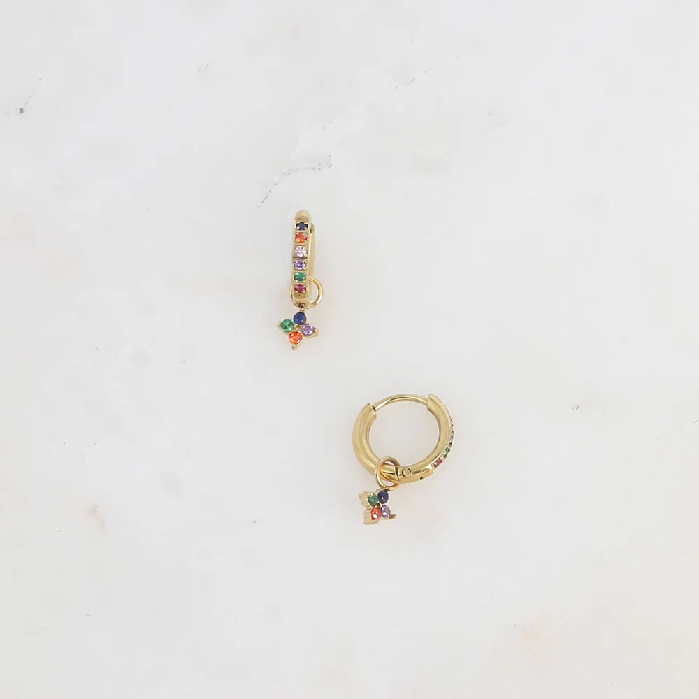 Mini boucles créoles - Trèfle en cristal - Doré/multi