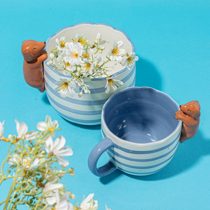 Mug rayé bleu avec Teckel