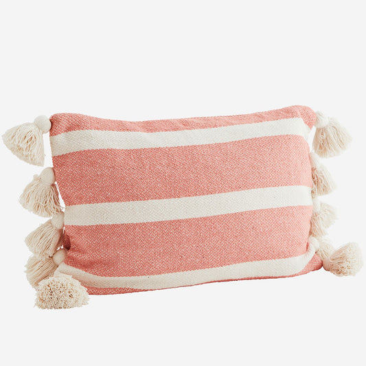 Coussin rectangulaire à pompons - rayé corail