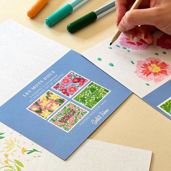 Cartes postales à colorier - Les mots doux