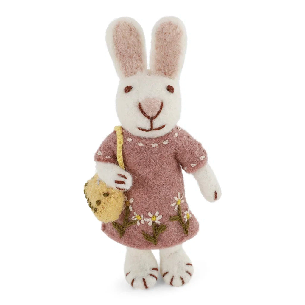 Petit lapin blanc avec robe lavande et sac jaune