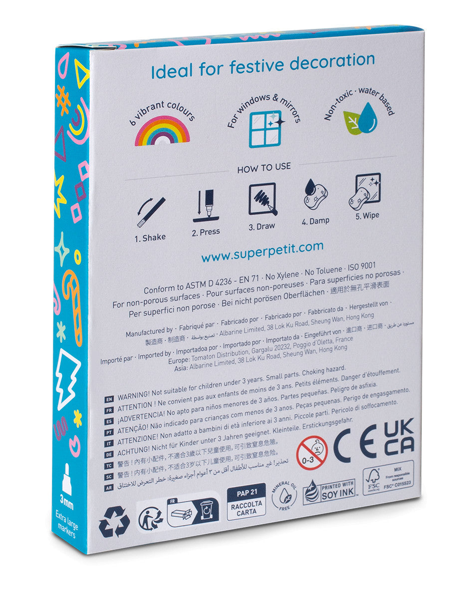 Boîte de 6 feutres effaçables pour vitre et miroir