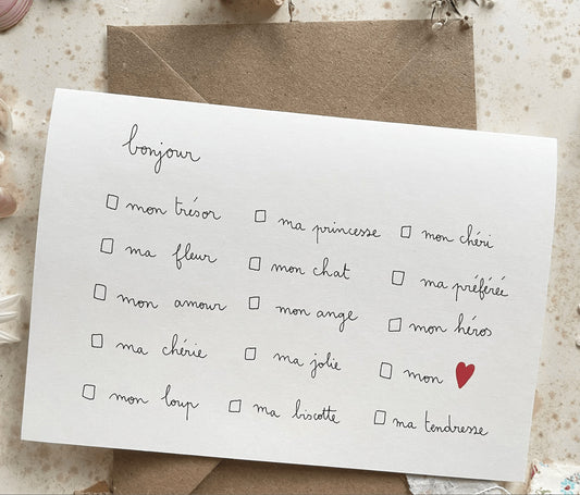 Carte et enveloppe Bonjour à cocher mixte