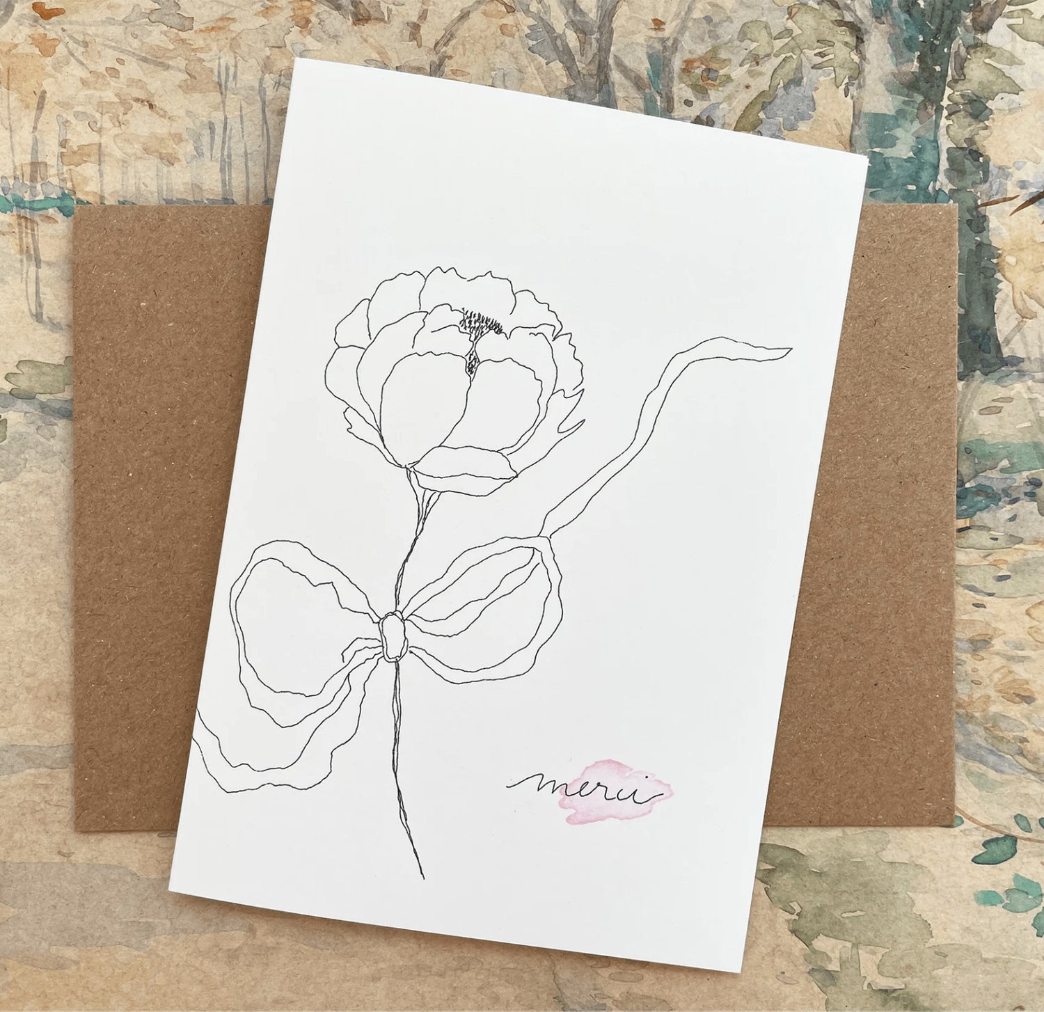 Carte et enveloppe Merci (pivoine) — Papillonnage , Lyon