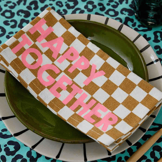 Serviette de table - Damier caramel Happy together""