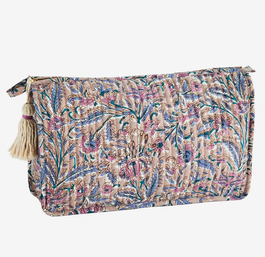 Trousse de toilette matelassée fleurs indiennes mauve
