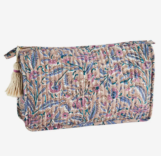 Trousse de toilette matelassée fleurs indiennes mauve
