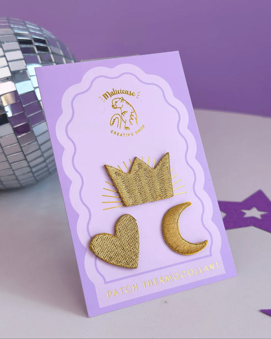 Trio de mini patchs - Coeur, couronne et lune dorés