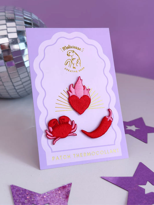 Trio de mini patchs - Piment, crabe et coeur enflammé