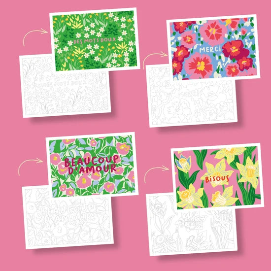 Cartes postales à colorier - Les mots doux
