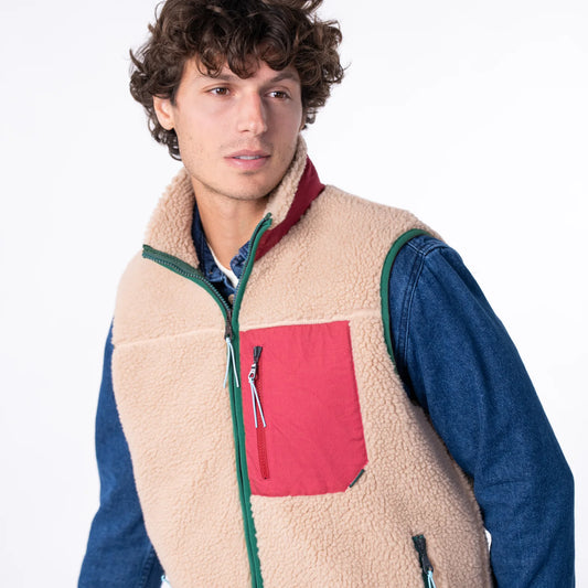 Veste sherpa mixte zippée sans manches - Naturel et bordeaux