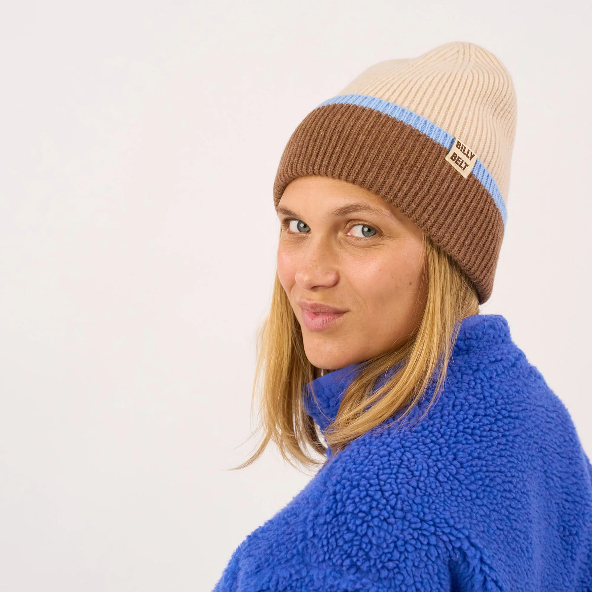 Bonnet en laine - Beige/marron/bleu ciel