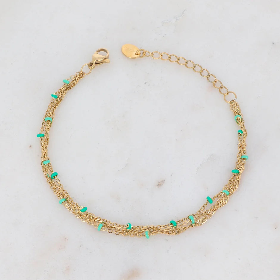 Bracelet Frédérique - Chaîne mailles fines avec perles - Doré/vert