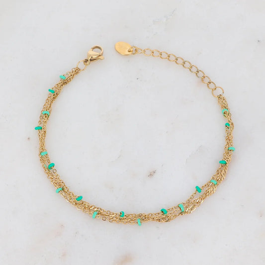 Bracelet Frédérique - Chaîne mailles fines avec perles - Doré/vert
