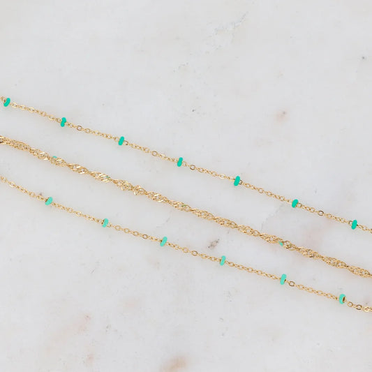 Bracelet Frédérique - Chaîne mailles fines avec perles - Doré/vert