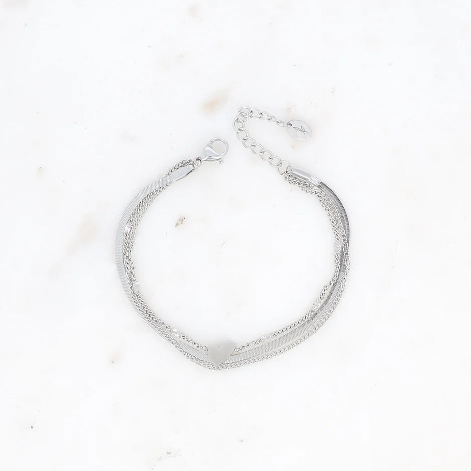 Bracelet multirangs - 3 rangs, mailles gourmette, miroir, forçat avec coeur - Argent