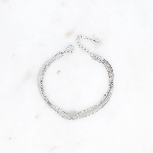Bracelet multirangs - 3 rangs, mailles gourmette, miroir, forçat avec coeur - Argent