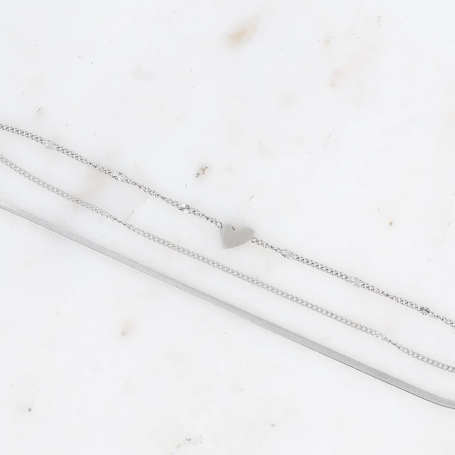 Bracelet multirangs - 3 rangs, mailles gourmette, miroir, forçat avec coeur - Argent