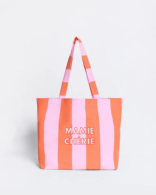 Cabas brodé Mamie chérie - Rayures orange et rose