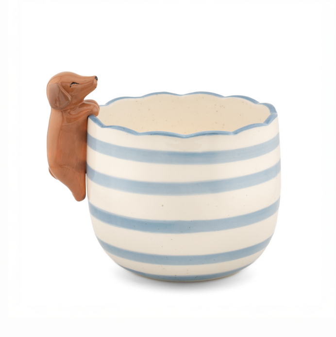 Cache pot rayé bleu avec Teckel