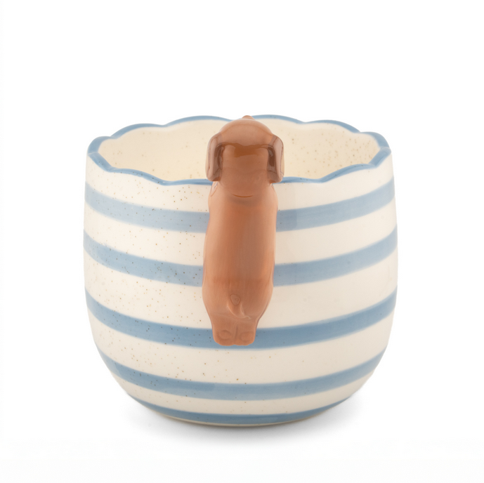 Cache pot rayé bleu avec Teckel