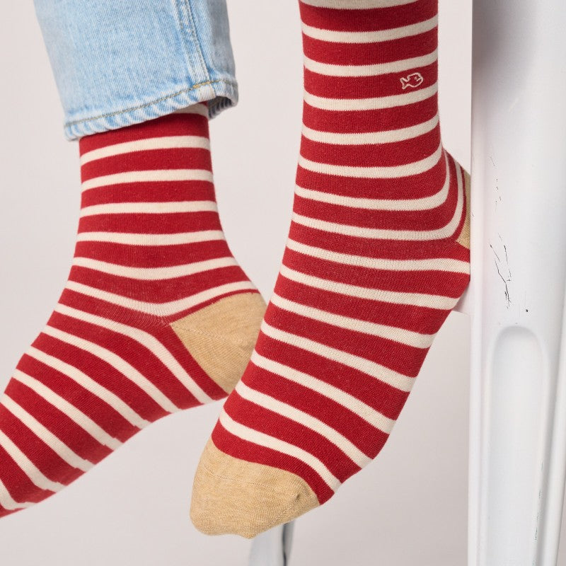 Chaussettes Larges rayures - Rouge rayé beige - Taille 41/46