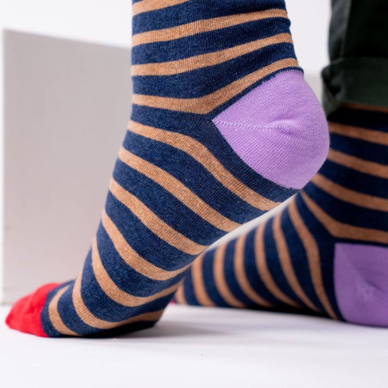 Chaussettes Larges rayures - Marine rayé beige  - Taille 41/46