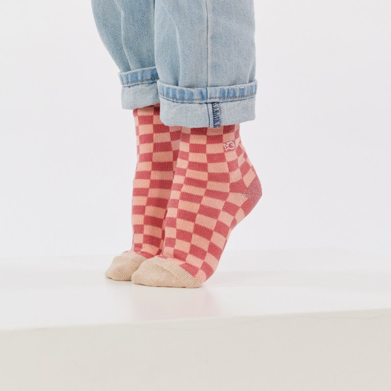 Chaussettes enfant à carreaux - Rose et pêche - Taille 31/34