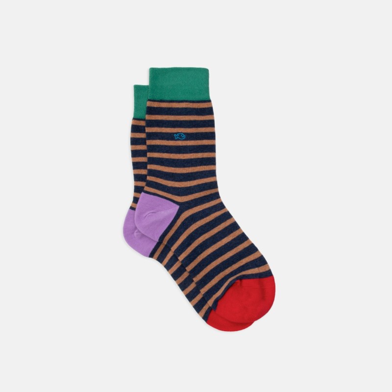Chaussettes Larges rayures - Marine rayé beige  - Taille 41/46