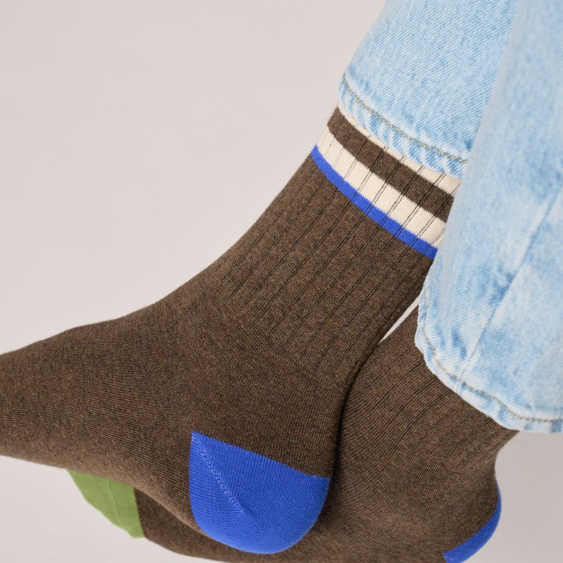 Chaussettes Retro - Marron rayé ivoire et bleu - Taille 41/46