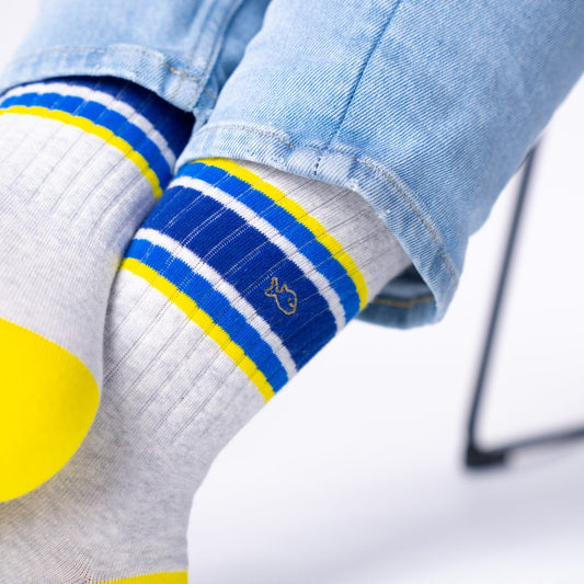 Chaussettes Retro - Gris chiné, rayé bleu et jaune - Taille 41/46