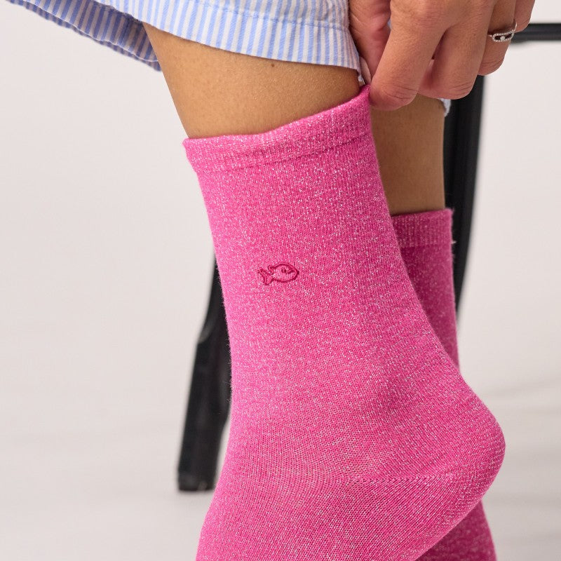 Chaussettes unies pailletées - Rose néon - Taille 37/40