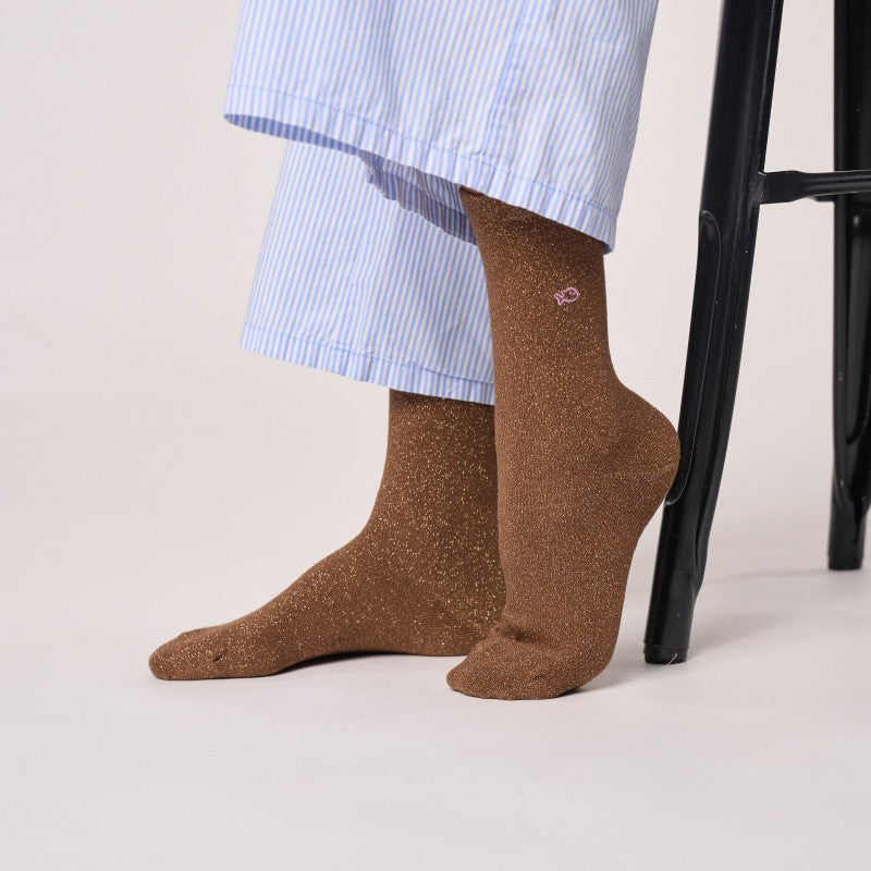 Chaussettes unies pailletées - Marron - Taille 37/40