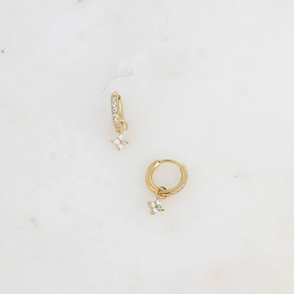 Mini boucles créoles - Trèfle en cristal - Doré/blanc