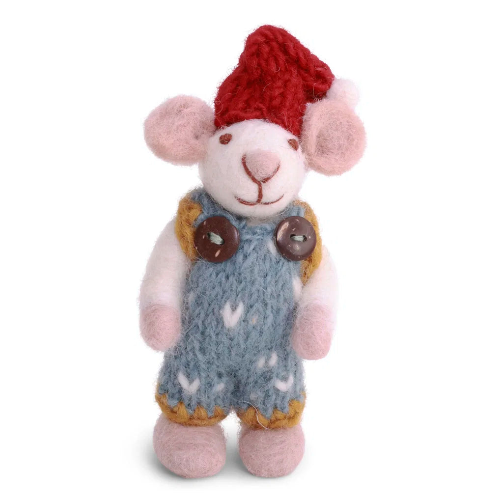 Mini souris blanche avec salopette bleu tricotée