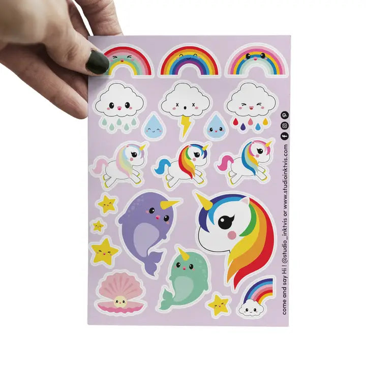 Planche de 20 stickers Licorne, narval et arc-en-ciel