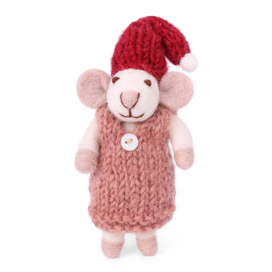 Souris blanche avec sa robe rouge poudré