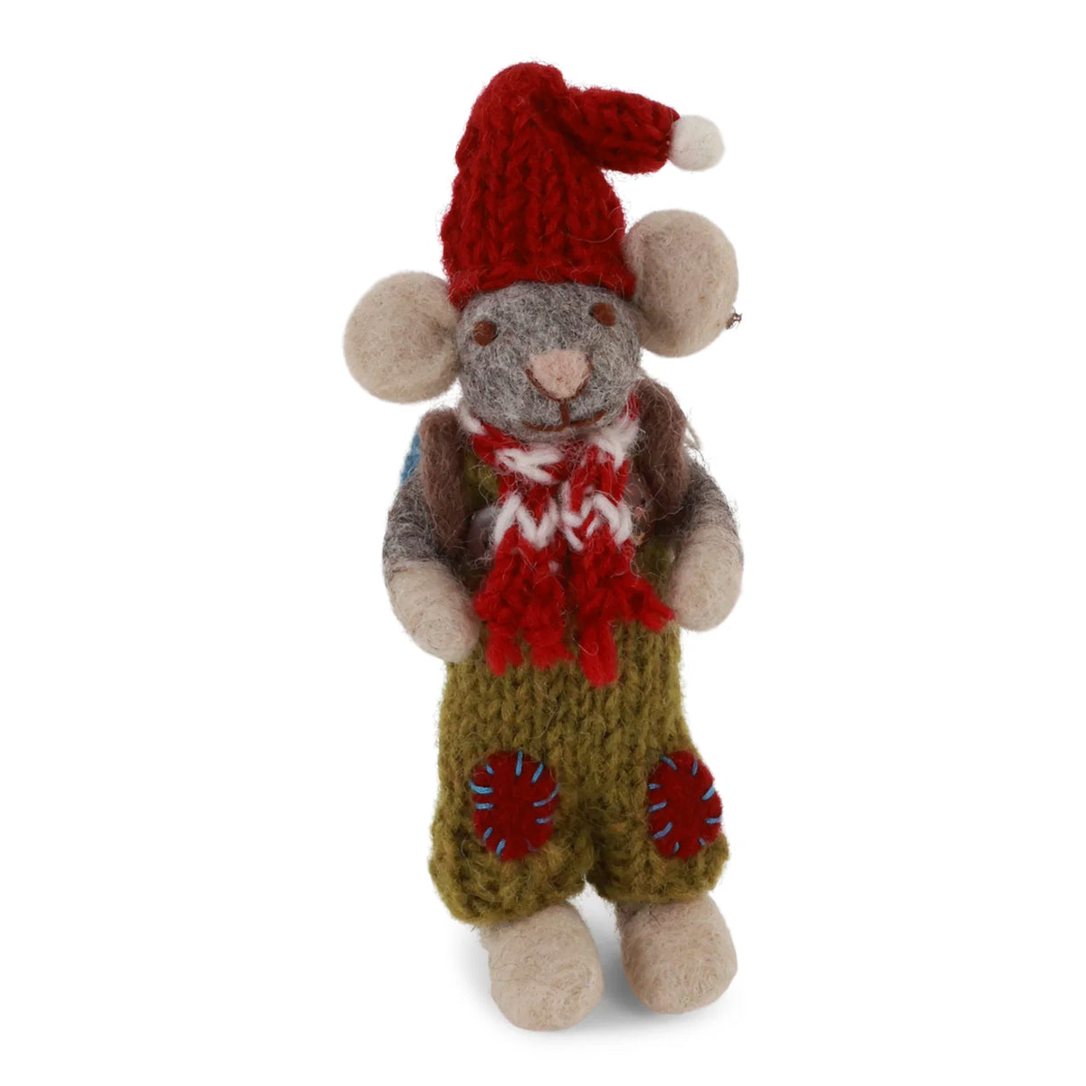 Souris grise avec pantalon vert et sac-à-dos