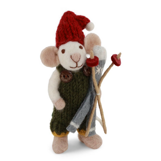 Souris blanche avec skis et salopette verte